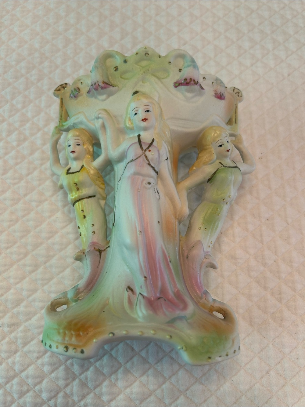 Vintage ceramic vase with Three Sisters/goddesses/fairies in pastel